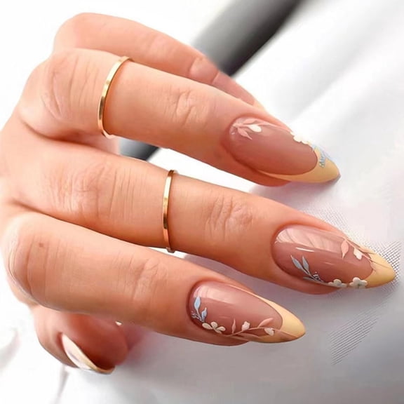 Almond Press on Nails Medium French Light Yellow Acrylic Fake Press Ons Nails with Leaves Design Glue on Glossy Full Cover Artificial False Stick on Nail for Girls Women Daily Wear 24PCS French Light