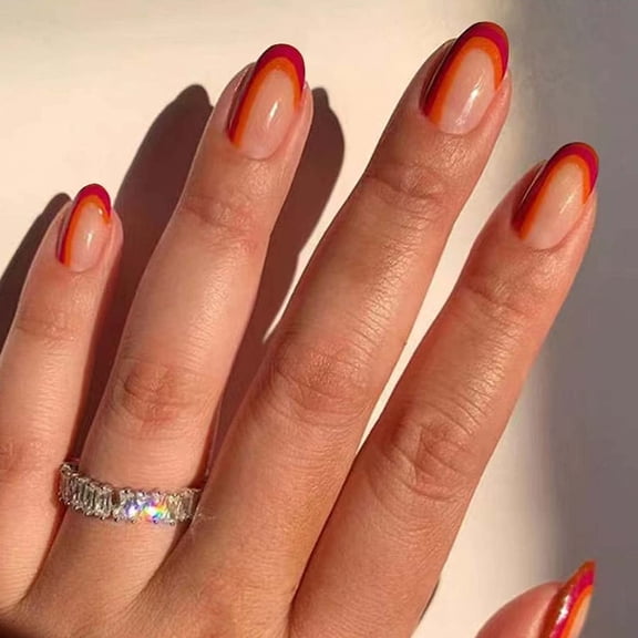 Almond Press on Nails Medium Red Fake Nails French Acrylic Rainbow False Nails Glossy Full Cover Nails for Women and Girls 24PCS Orange,Red,Rainbow Medium