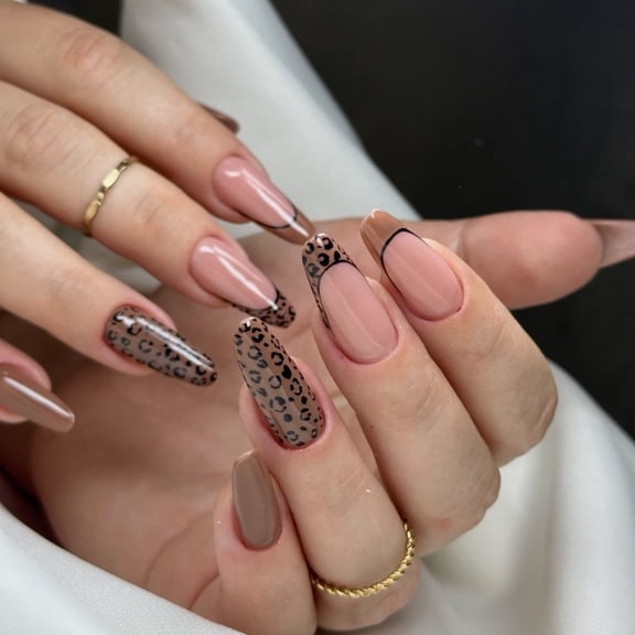 Almond Press On Nails Medium - Soft Gel Ombre Fake Nails with Nail Glue, Semi-Transparent Reusable Glue On Nails in 12 Sizes - 24PCS Stick On Nails Kit, Vanilla leopard Print Pink Almond