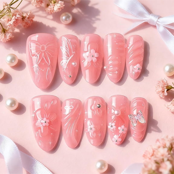 Almond Press On Nails Pink Gradient - 30pcs Ins Style Pink Gradient Fake Nails with 3D Glue-on Design, Reusable Stick On Nails for Women