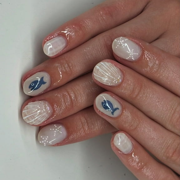 Almond Press on Nail Seashells Design French Tip Fake Nail Glues on Nail Set