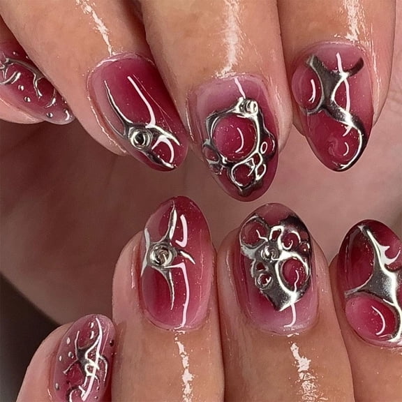 Almond Press on Nails Flame Fake Nails Stick on Nails in 12 Sizes,24 Pcs French Nails Tips for DIYS Nails Art Decors