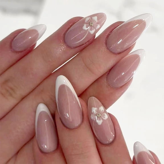 Almond Press on Nails Glossy Fake Nails on Nails in 12 Sizes,24 Pcs French Nails Tips for DIYS Nails Art Decors