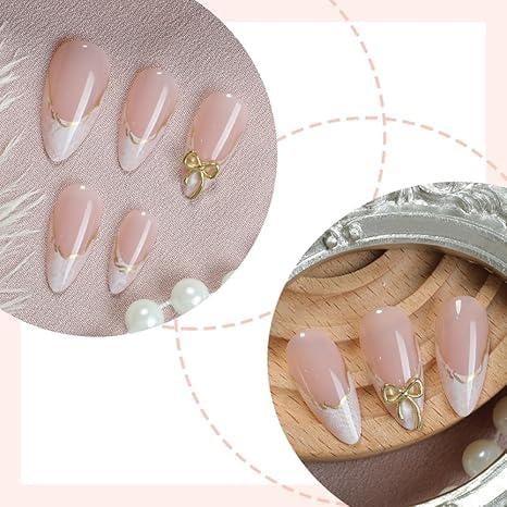 Almond Shaped Press On Nails with Gold Rim Lines and Exquisite Bow Design Premium Nail Art Tips for Women Salon Quality Manicure at Home Halloween Christmas Gifts