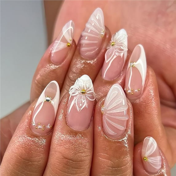 Almond Type Fake Nails Simple White Three-dimensional Water Ripple