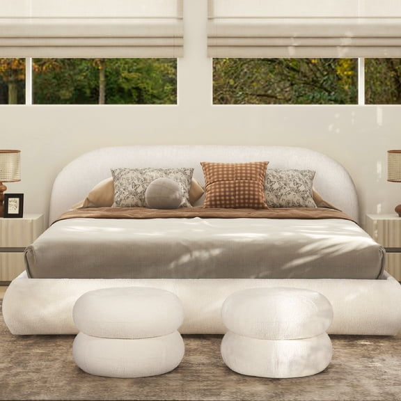Almond White King Size Puffy Bed - Comfortable Arch Headboard Platform Slats Base Grounded Modern Bedroom Ornamental Piece Upholstered Fashionable For Allure Slat Supported Mattress