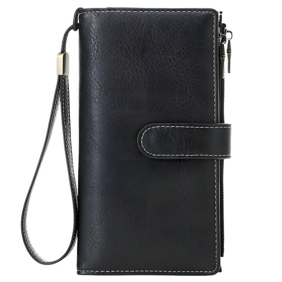 AlmosTen Wallets for Women PU Leather with RFID Blocking Large Capacity Credit Card Holder Ladies Phone Clutch Travel Long Purse Wristlet Wallets for Women,Black