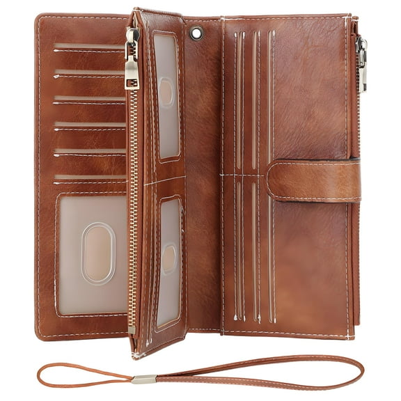 AlmosTen Wallets for Women PU Leather with RFID Blocking Large Capacity Credit Card Holder Ladies Phone Clutch Travel Long Purse Wristlet Wallets for Women,Brown