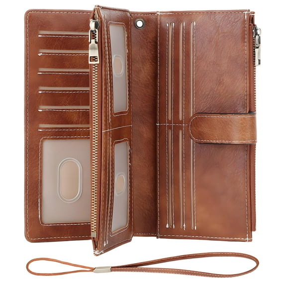 AlmosTen Wallets for Women PU Leather with RFID Blocking Large Capacity Credit Card Holder Ladies Phone Clutch Travel Long Purse Wristlet Wallets for Women,Brown