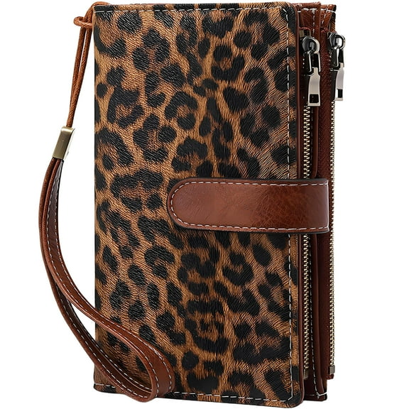 AlmosTen Wallets for Women PU Leather with RFID Blocking Large Capacity Credit Card Holder Ladies Phone Clutch Travel Long Purse Wristlet Wallets for Women,Leopard