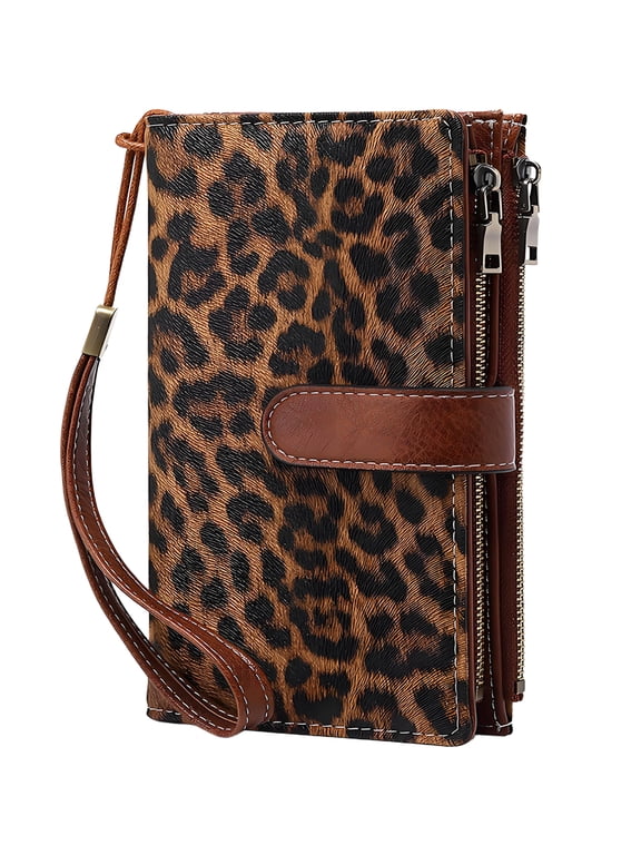 Wallets for Women PU Leather with RFID Blocking Large Capacity Credit Card Holder Ladies Phone Clutch Travel Long Purse Wristlet Wallets for Women,Leopard