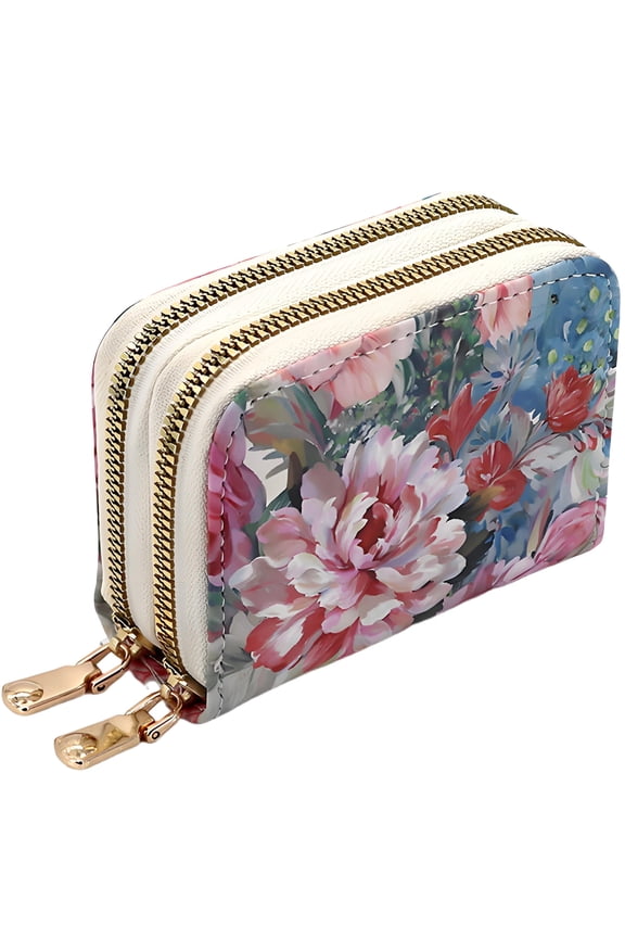 Wallets for Women Small Soft Leather Purse Credit Card Holder Compact Small Wallet with RFID Blocking Dual Compartment Double Zipper Pocket Small Wallets for Women,Big Flower