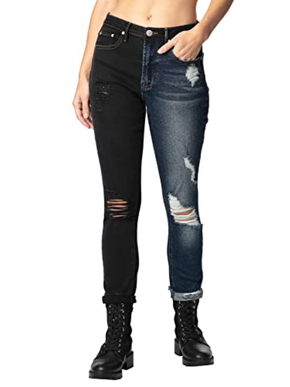 "Vintage Feel mom fit roll Cuffed high Rise 1/2 Blue & 1/2 Black Denim Jean (0)