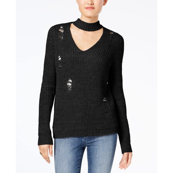 Almost Famous Crave Fame Juniors' Ripped Choker Sweater (Black, L)