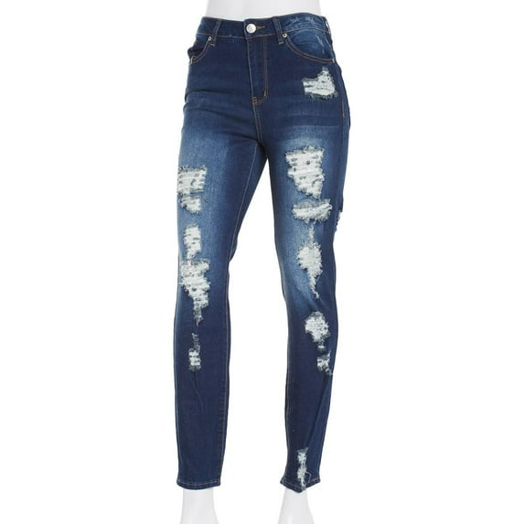 Almost Famous DARK WASH Women's Juniors High Rise Destructed Skinny Jeans, US 11