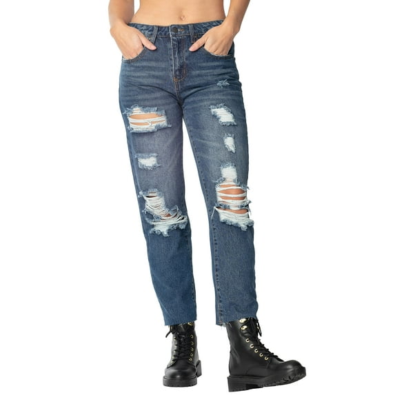 Almost Famous Destructed "vintage y2k look" high rise boyfriend jean Size: 5, Color: Dark wash