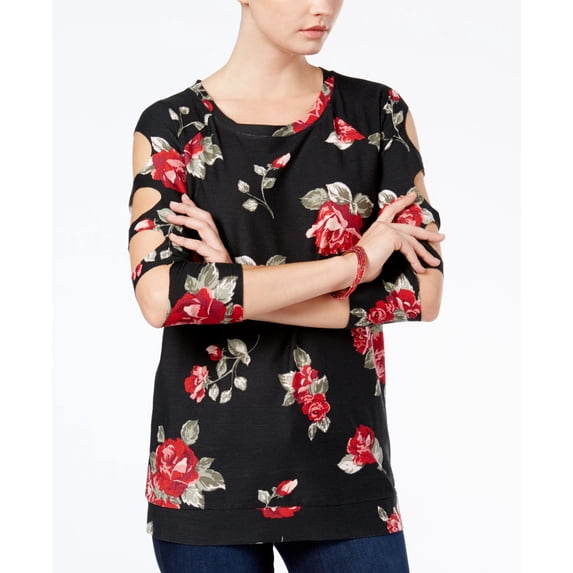 Almost Famous Juniors' Cutout-Sleeve Tunic (Black Floral, M)