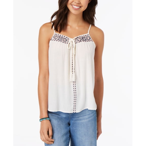 Almost Famous Juniors Embroidered Tie Front Tank Top Ivory XS