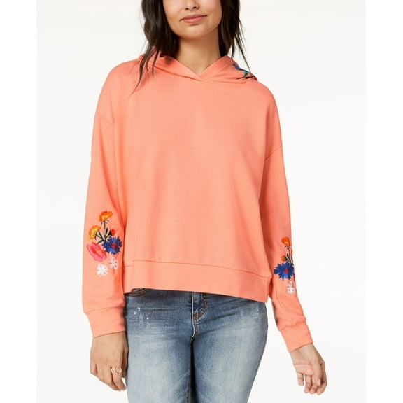 Almost Famous Juniors Floral Embroidered Hoodie Coral XL