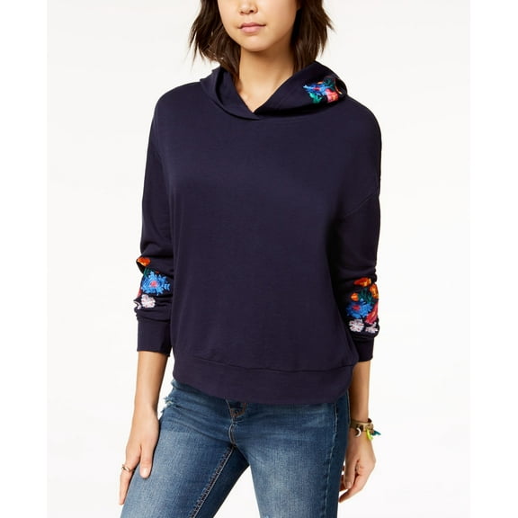 Almost Famous Juniors Floral Embroidered Hoodie Navy S