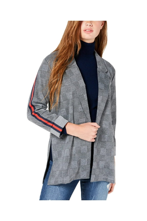 Juniors' Grey Plaid Stripe Blazer Jacket