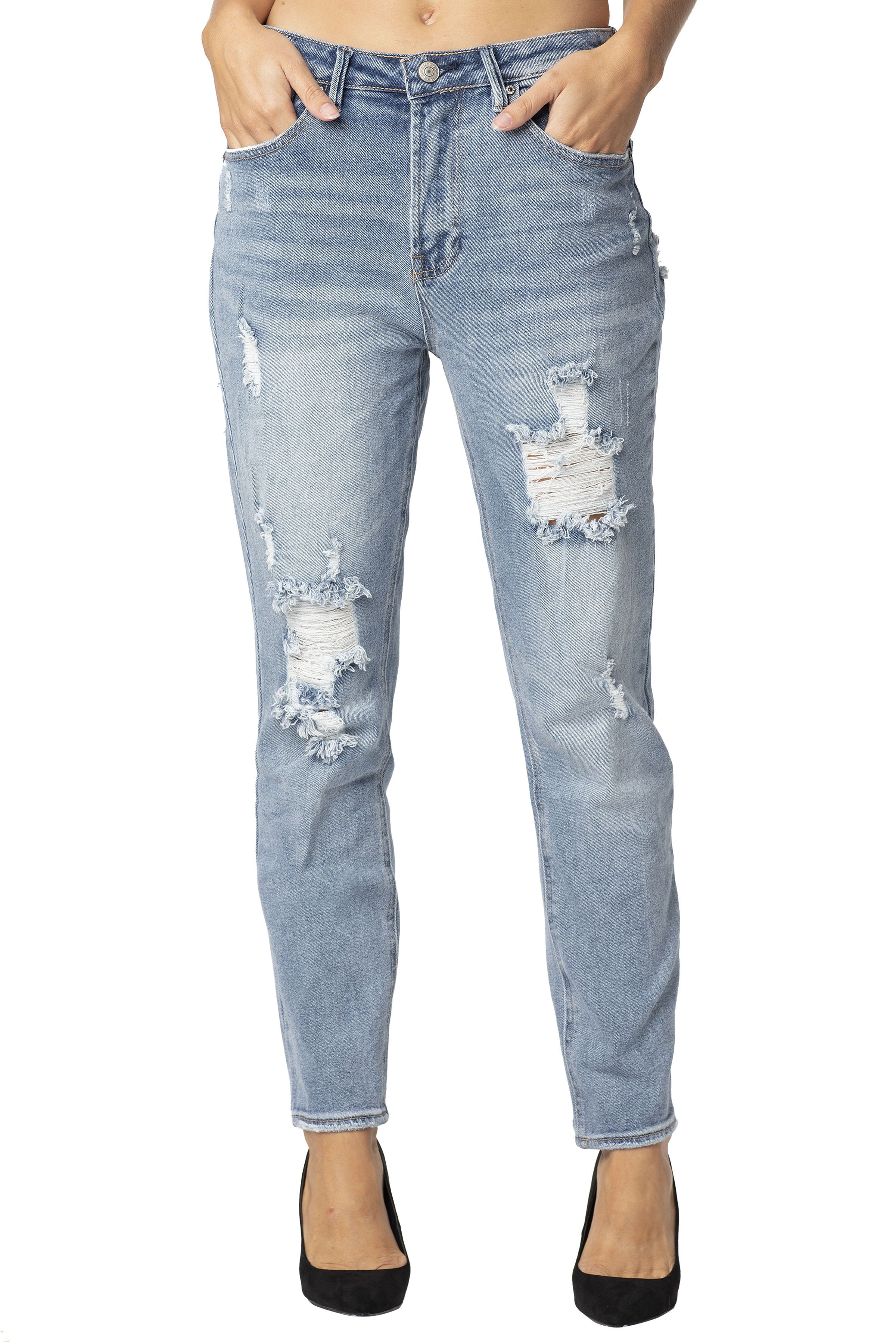 Almost Famous Juniors High Rise Cuffed Jean Denim - Vintage Ripped Front Mom Jeans for Women - image 1 of 2