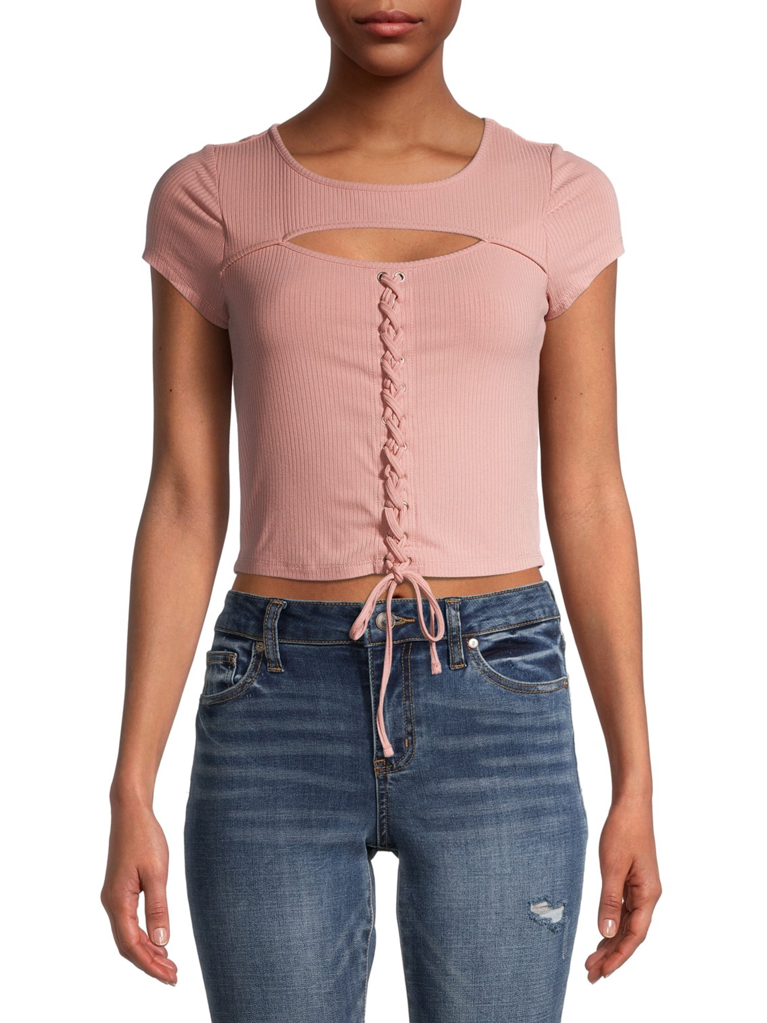 Almost Famous Juniors' Lace Up Corset T-Shirt with Cutout