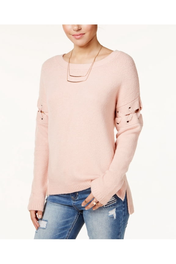 Almost Famous Juniors Lace Up High Low Sweater Light Dusty Rose S