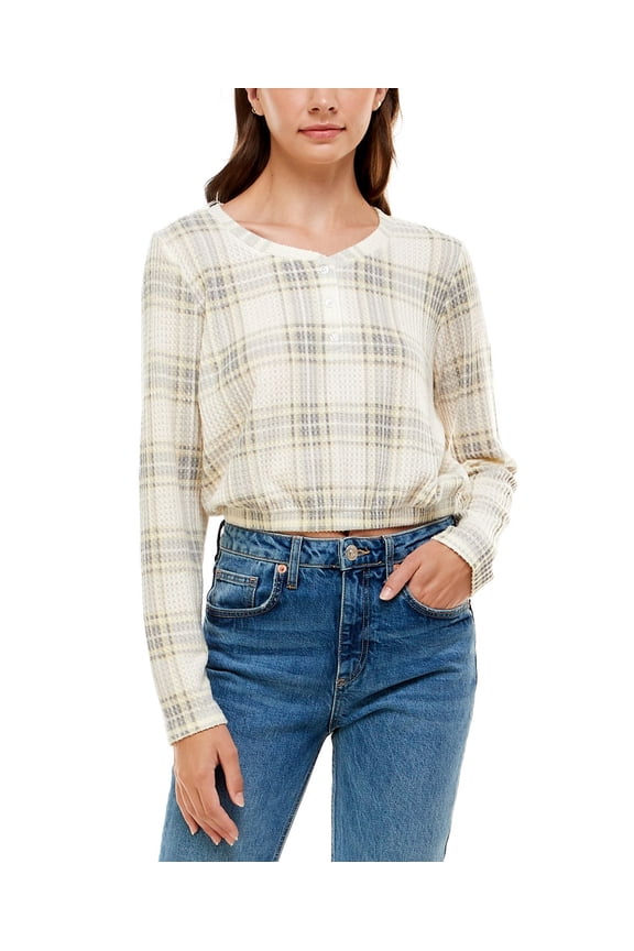 Juniors Plaid Cropped Henley Top