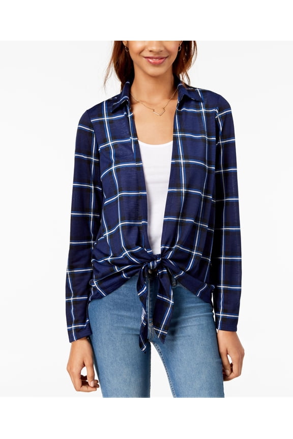 Juniors Plaid Layered Look Top Navy L