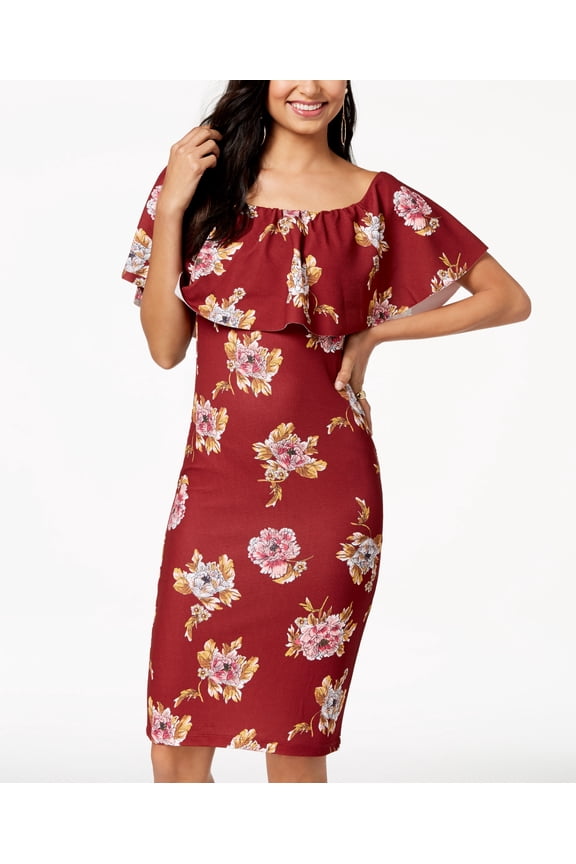 Juniors Printed Ruffle Off The Shoulder Dress Wine Combo XS