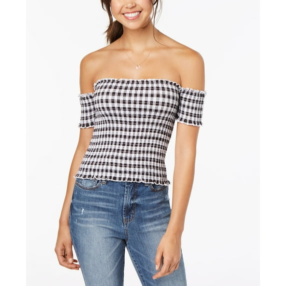 Almost Famous Juniors' Printed Smocked Off-The-Shoulder Crop Top (Black Gingham, S)
