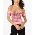 thumbnail image 1 of Almost Famous Juniors Printed Smocked Off The Shoulder Crop Top Red Gingham L, 1 of 1