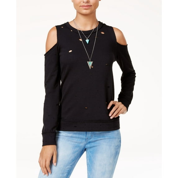 Almost Famous Juniors Ripped Cold Shoulder Sweatshirt Black XS