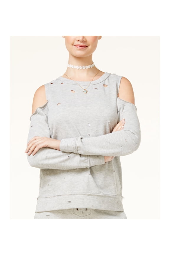 Juniors Ripped Cold Shoulder Sweatshirt Grey L
