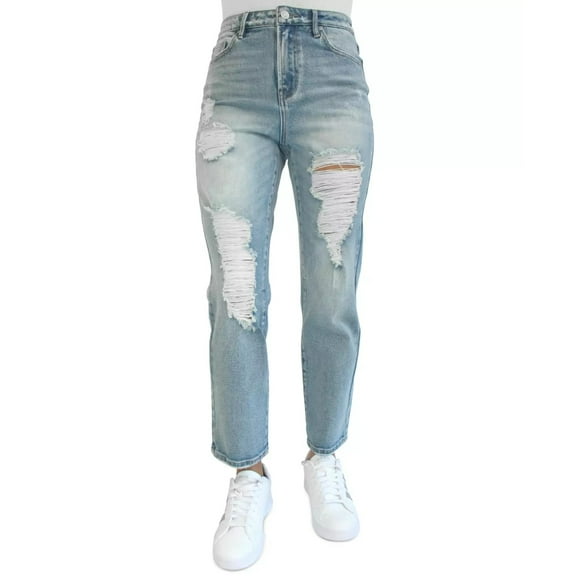 Almost Famous Juniors Ripped Mom Jeans, Blue, 3