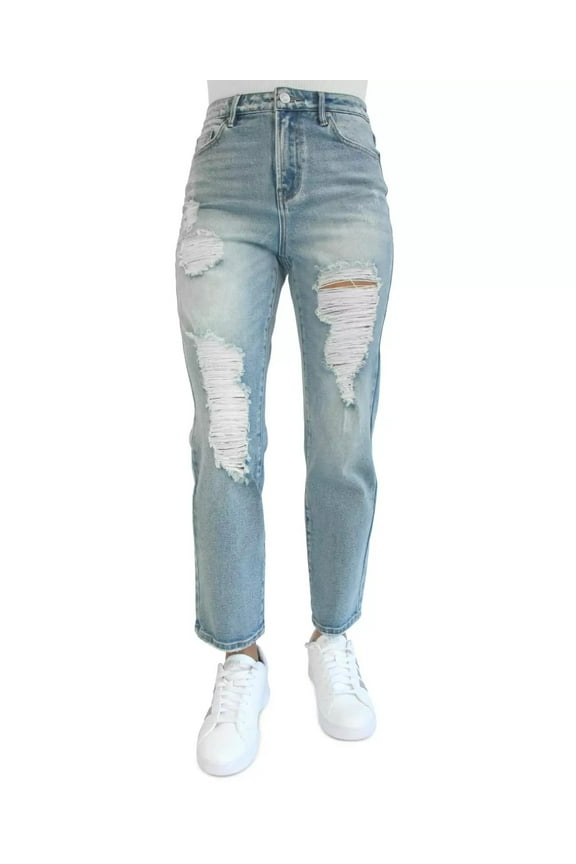 Juniors Ripped Mom Jeans, Blue, 3