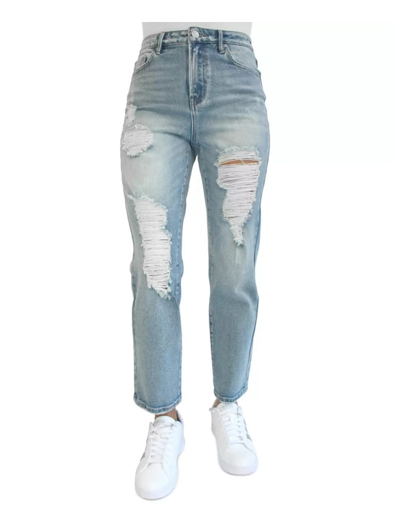 Juniors Ripped Mom Jeans, Blue, 3