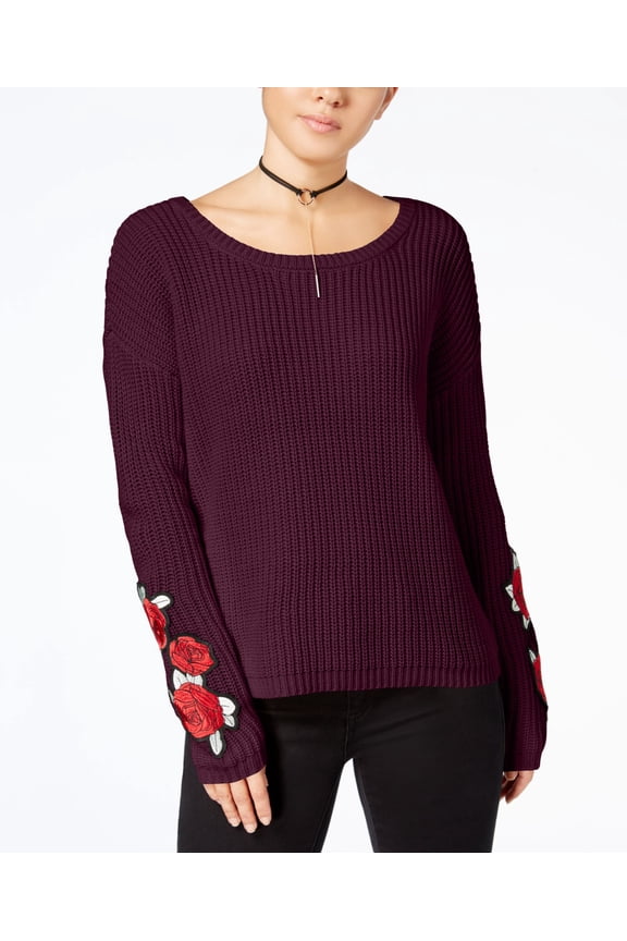 Juniors Rose Embroidered Sweater Red Wine XL