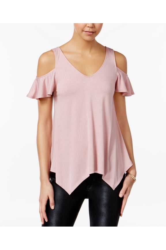 Juniors Ruffle Sleeve Cold Shoulder Top Dusty Pink M