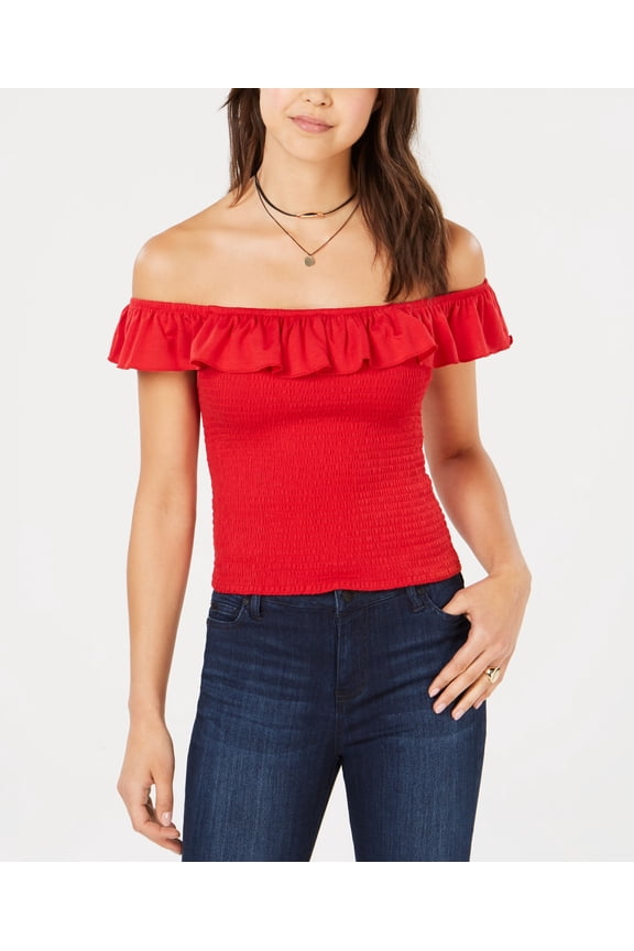 Juniors Ruffle Smocked Crop Top Red XL