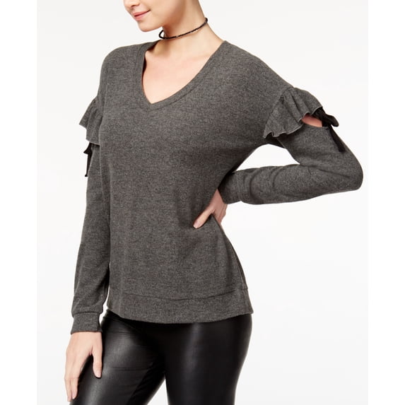 Almost Famous Juniors Ruffled Cozy Sweater Charcoal XS