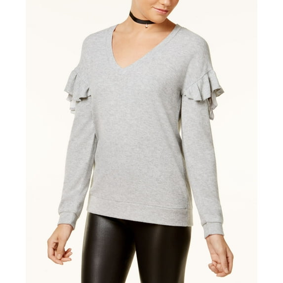 Almost Famous Juniors Ruffled Cozy Sweater Light Heather Grey XS