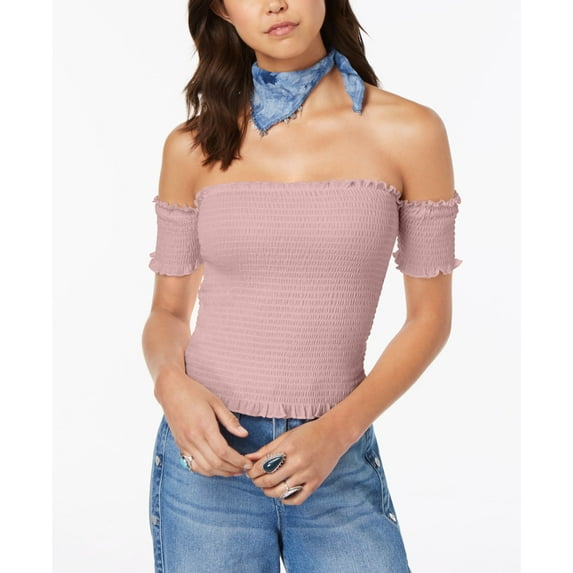 Almost Famous Juniors' Smocked Off-The-Shoulder Crop Top (Blush, XL)