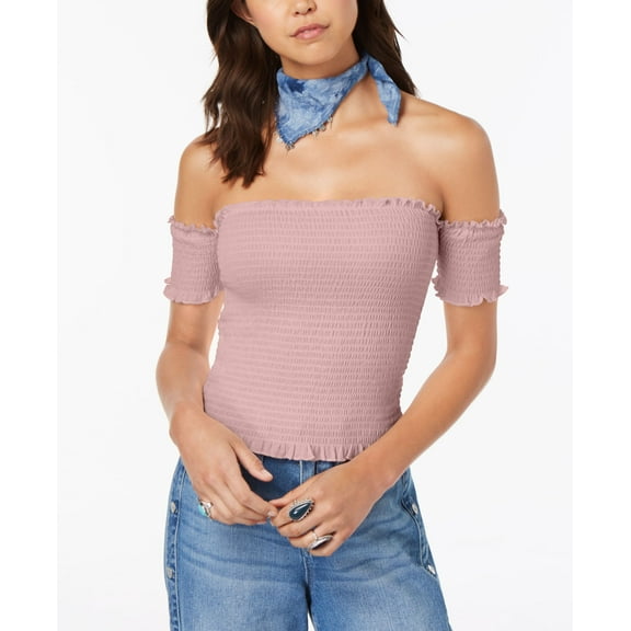 Almost Famous Juniors' Smocked Off-The-Shoulder Crop Top (Blush, XL)