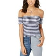 thumbnail image 1 of Juniors' Printed Smocked Off-The-Shoulder Crop Top Navy Gingham M, 1 of 1