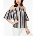 thumbnail image 1 of Almost Famous Juniors' Striped Cold-Shoulder Top (Black White, S), 1 of 1