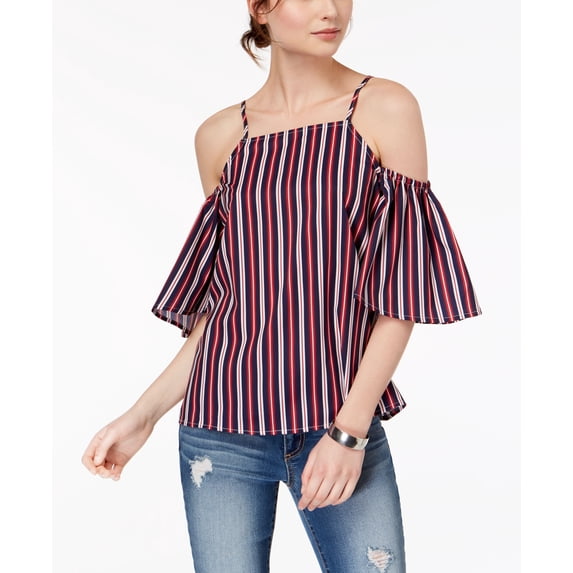 Almost Famous Juniors Striped Cold Shoulder Top Navy Red M