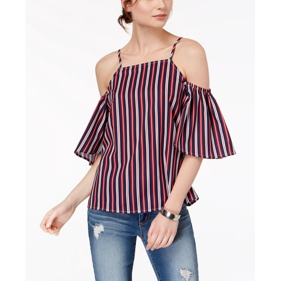 Almost Famous Juniors Striped Cold Shoulder Top Navy Red S