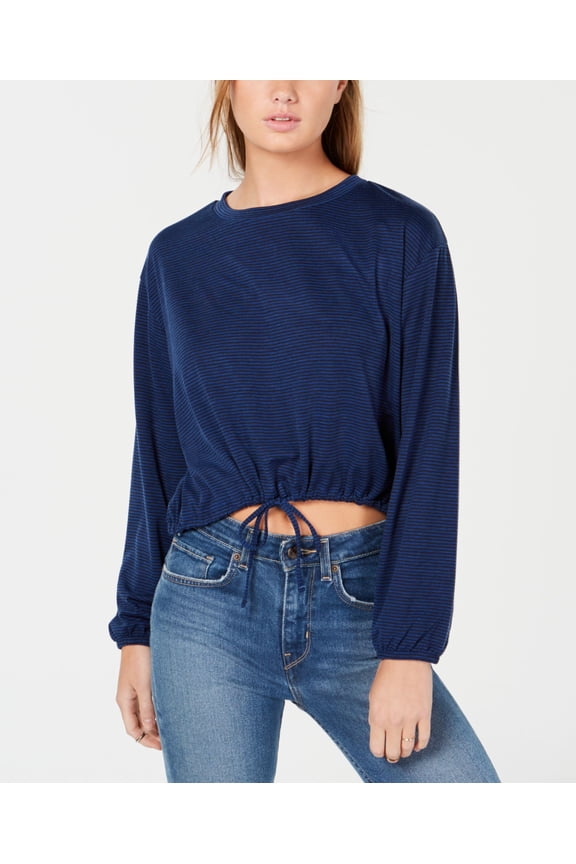 Juniors Striped Drawstring Top Navy Black L